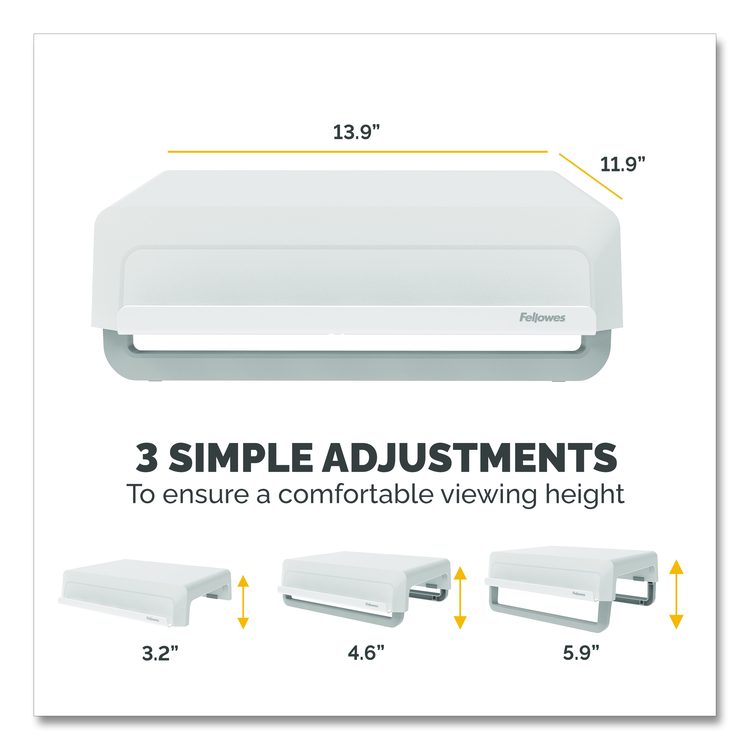 Breyta Monitor Stand, 13.94" x 11.97" x 3.25" to 6", White, Supports 33 lbs