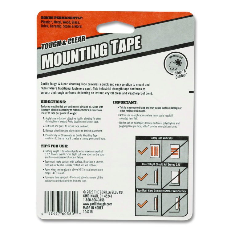 Tough and Clear Double-Sided Mounting Tape, Permanent, Holds Up to 0.25 lb/1 sq in, 1" x 12.5 ft, Clear