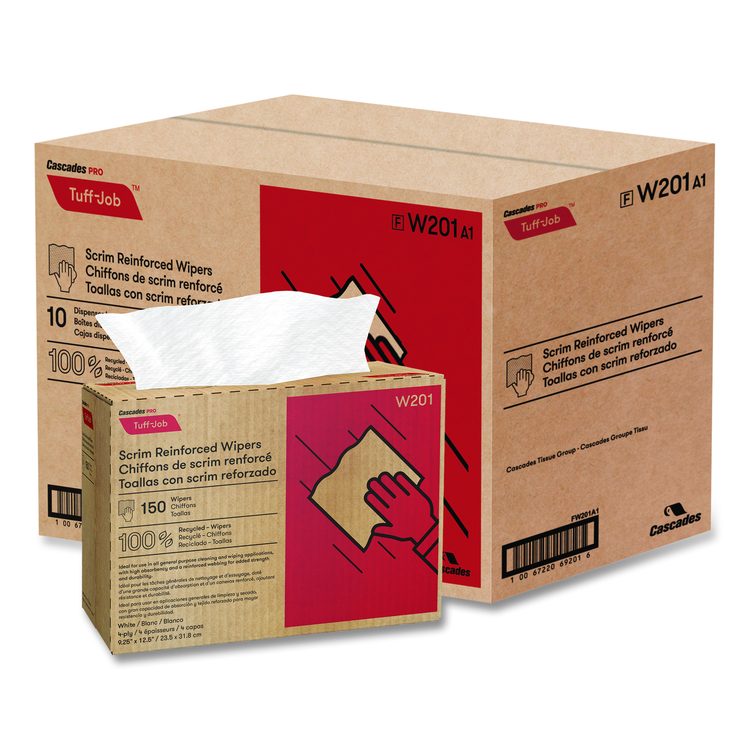 Tuff-Job Scrim Reinforced Wipers, 4-Ply, 9.25 x 12.5, White, 150/Box, 10 Boxes/Carton
