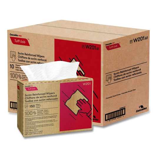 Tuff-Job Scrim Reinforced Wipers, 4-Ply, 9.25 x 12.5, White, 150/Box, 10 Boxes/Carton
