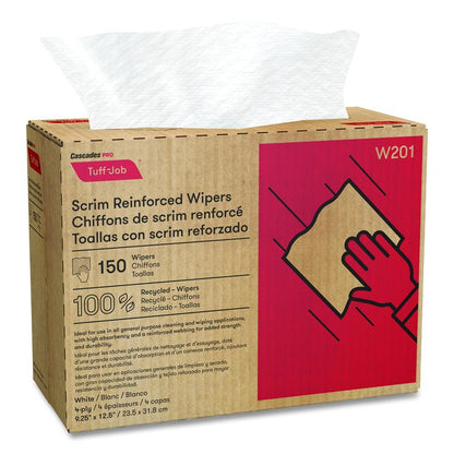 Tuff-Job Scrim Reinforced Wipers, 4-Ply, 9.25 x 12.5, White, 150/Box, 10 Boxes/Carton