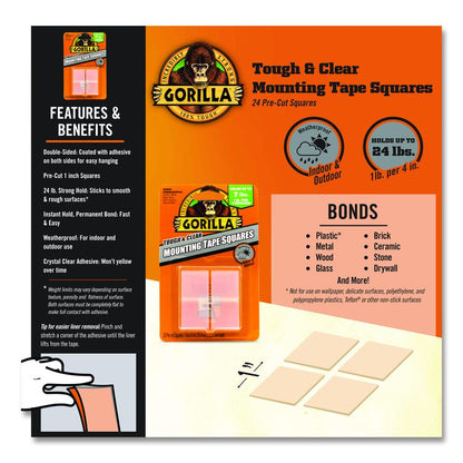 Tough and Clear Double-Sided Mounting Tape Squares, Permanent, Holds Up to 0.58 lb, 1" x 1", Clear, 24/Pack