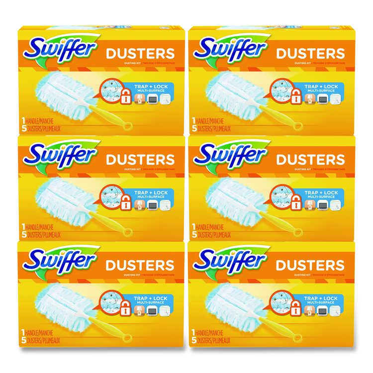 Dusters Starter Kit, Dust Lock Fiber, 6" Handle with Five Refill Dusters, Blue/Yellow, 6/Carton