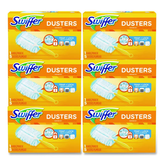Dusters Starter Kit, Dust Lock Fiber, 6" Handle with Five Refill Dusters, Blue/Yellow, 6/Carton