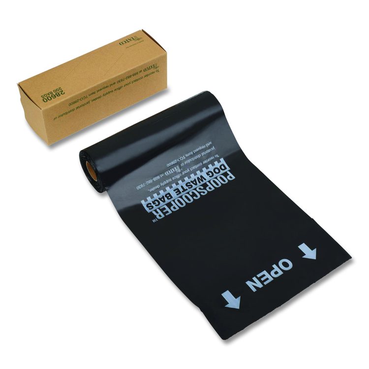 Dog Waste Bags, Open-Face, 0.5 gal, 8" x 13", Black, Perforated Roll, 200 Bags/Roll, 10 Rolls/Carton