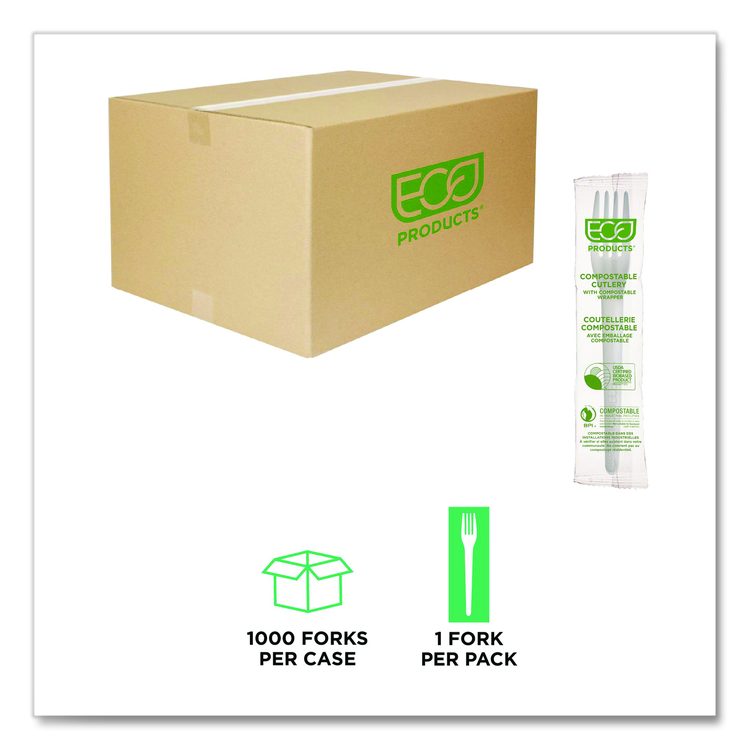 Plantware CPLA Cutlery, Individually Wrapped, Fork, Plastic, White, 1,000/Carton