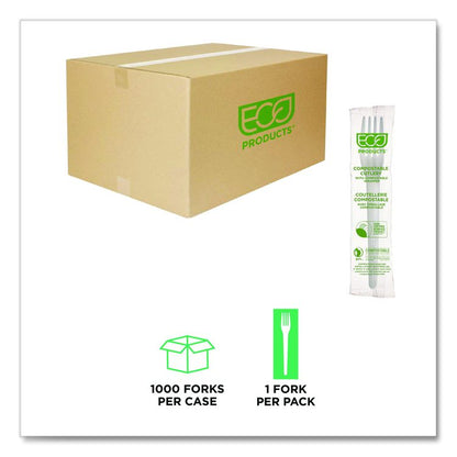 Plantware CPLA Cutlery, Individually Wrapped, Fork, Plastic, White, 1,000/Carton