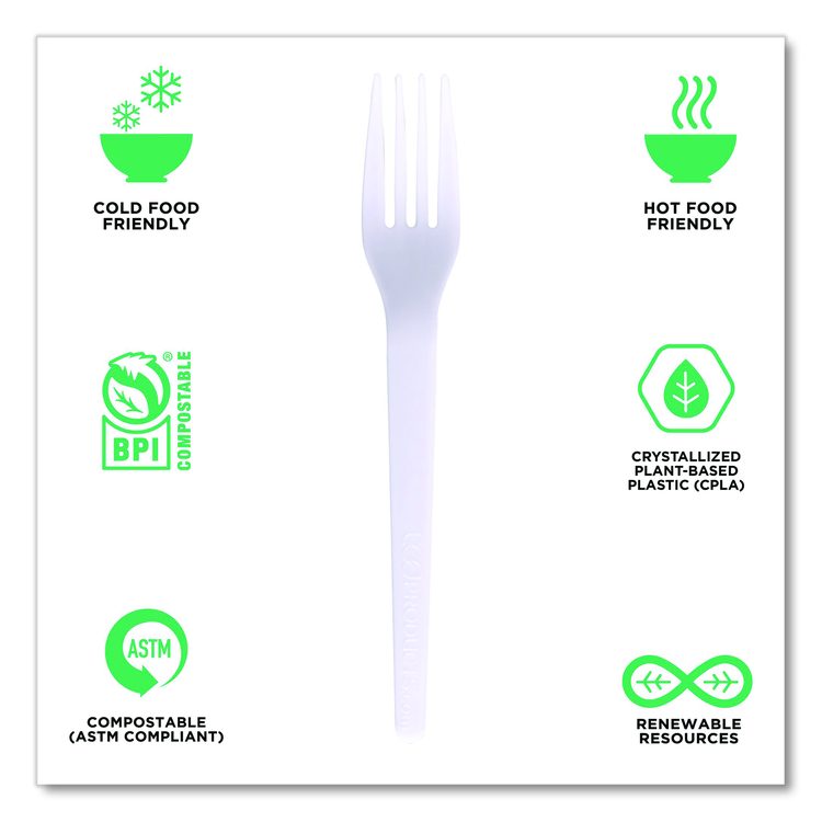 Plantware CPLA Cutlery, Individually Wrapped, Fork, Plastic, White, 1,000/Carton