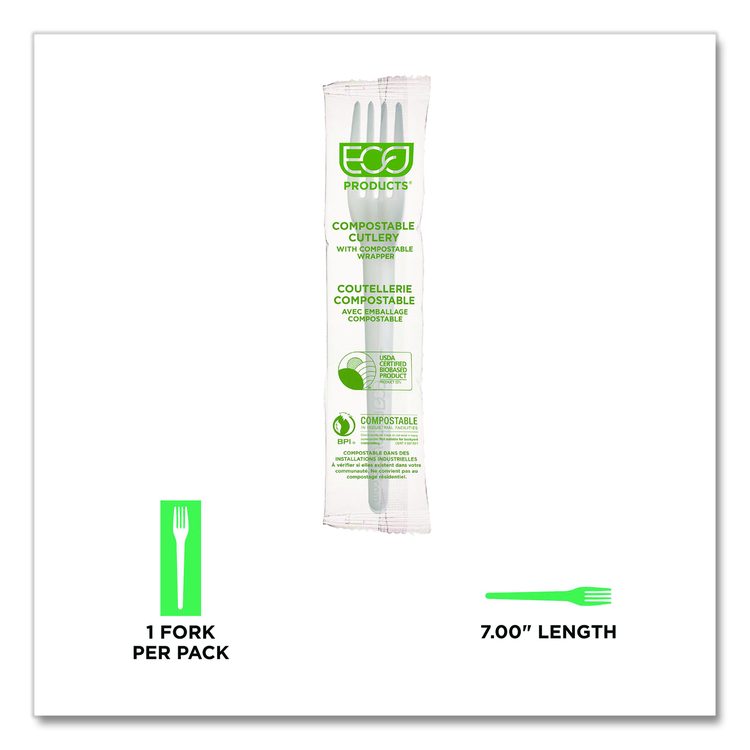 Plantware CPLA Cutlery, Individually Wrapped, Fork, Plastic, White, 1,000/Carton