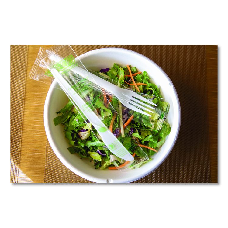 Plantware CPLA Cutlery, Individually Wrapped, Fork, Plastic, White, 1,000/Carton