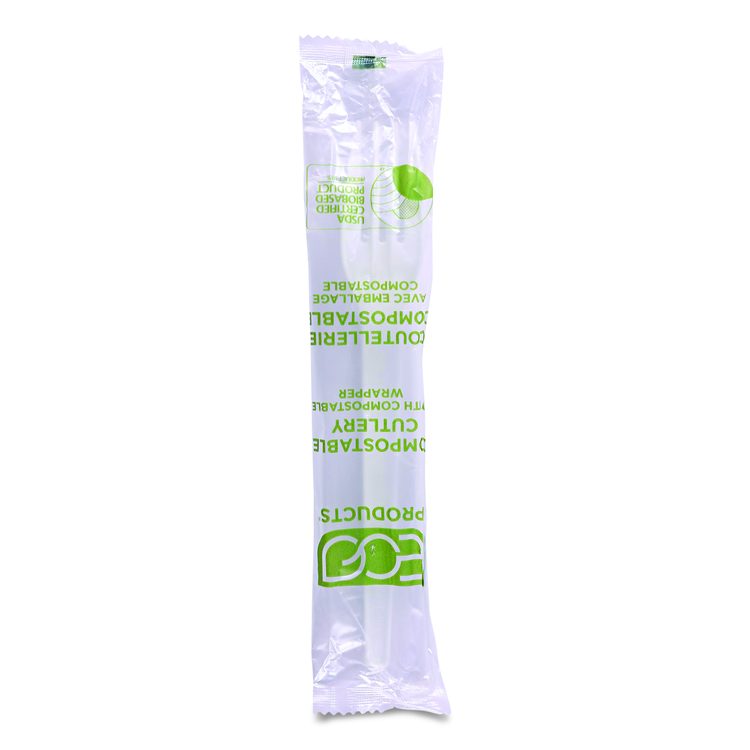 Plantware CPLA Cutlery, Individually Wrapped, Fork, Plastic, White, 1,000/Carton
