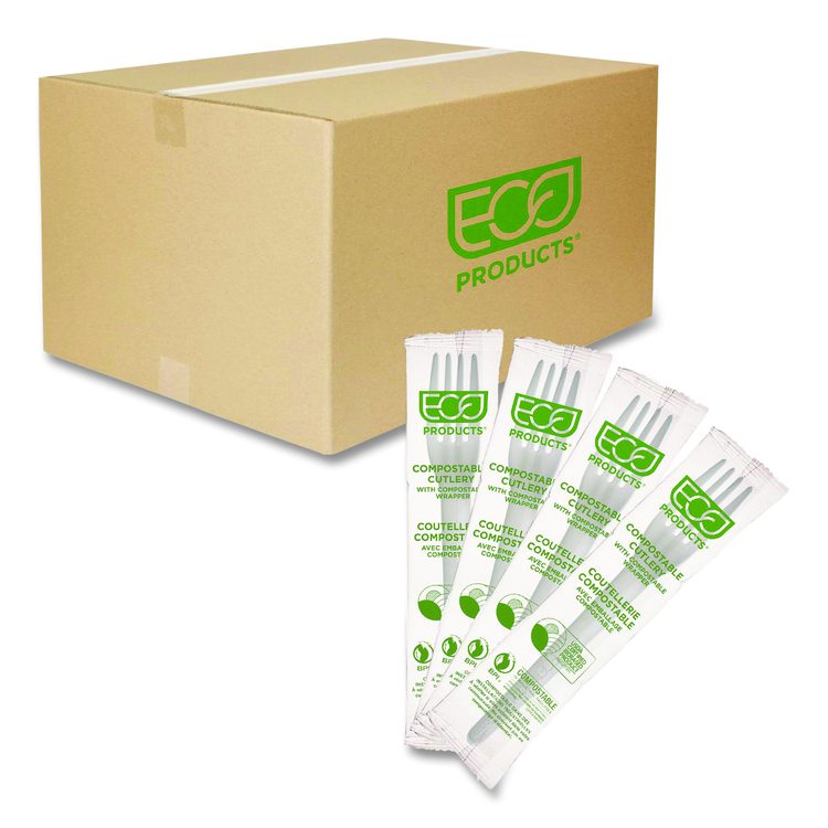 Plantware CPLA Cutlery, Individually Wrapped, Fork, Plastic, White, 1,000/Carton