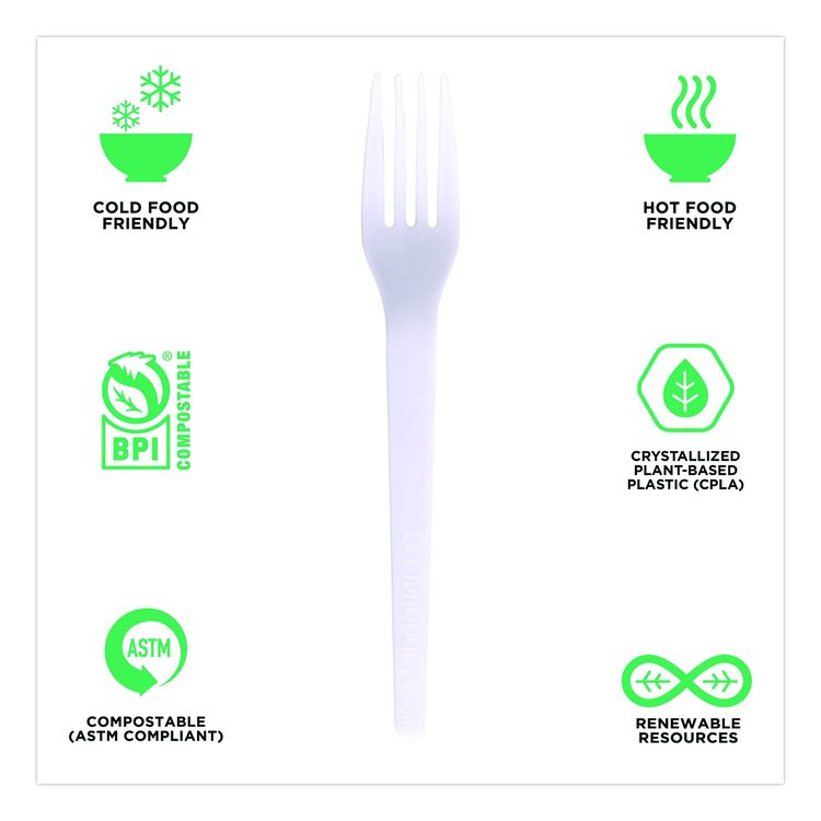 Plantware CPLA Cutlery, Fork, White, 1,000/Carton