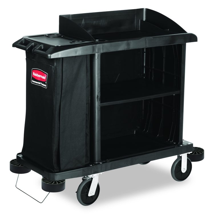 Multi-Shelf Cleaning Cart, Plastic, 4 Shelves, 1 Bin, 22" x 49" x 50", Black