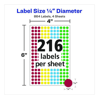 Handwrite-Only Self-Adhesive "See Through" Removable Round Color Dots, 0.25" dia, Assorted, 216/Sheet, 4 Sheets/Pack, (5796)