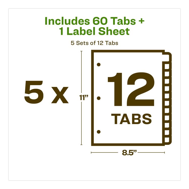 Index Maker EcoFriendly Print and Apply Clear Label Dividers with White Tabs, 12-Tab, 11 x 8.5, White, 5 Sets