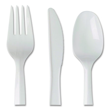 Mediumweight Polypropylene Cutlery, Fork/Knife/Teaspoon, Plastic, White, 250/Carton