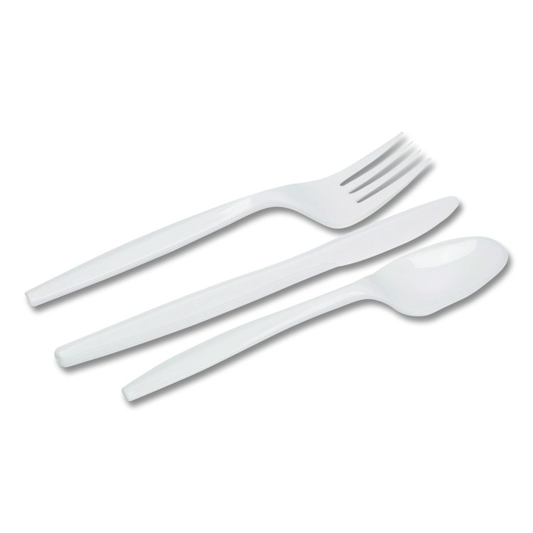 Mediumweight Polypropylene Cutlery, Fork/Knife/Teaspoon, Plastic, White, 250/Carton