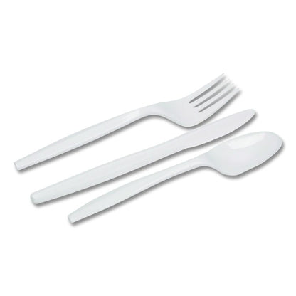 Mediumweight Polypropylene Cutlery, Fork/Knife/Teaspoon, Plastic, White, 250/Carton