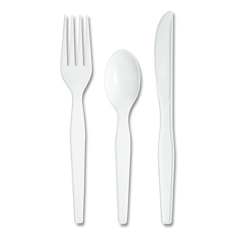 Heavyweight Polystyrene Cutlery, Fork/Knife/Teaspoon, Plastic, White, 250/Carton