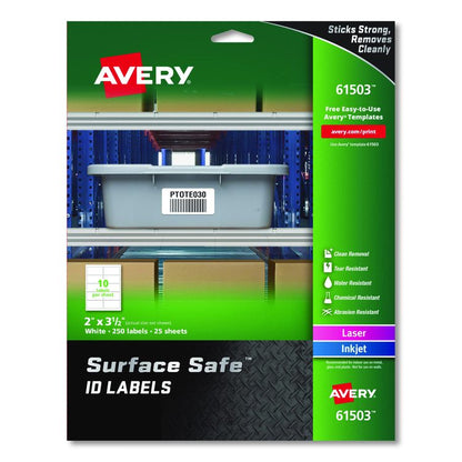 Surface Safe ID Labels, Inkjet/Laser Printers, 2 x 3.5, White, 10/Sheet, 25 Sheets/Pack