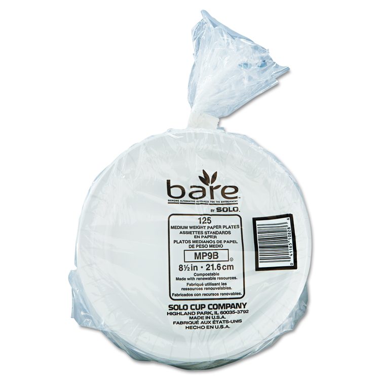 Bare Eco-Forward Clay-Coated Paper Dinnerware, ProPlanet Seal, Mediumweight, Plate, 8.5" dia, White, 125/Pack, 4 Packs/Carton