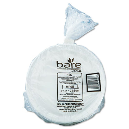 Bare Eco-Forward Clay-Coated Paper Dinnerware, ProPlanet Seal, Mediumweight, Plate, 8.5" dia, White, 125/Pack, 4 Packs/Carton