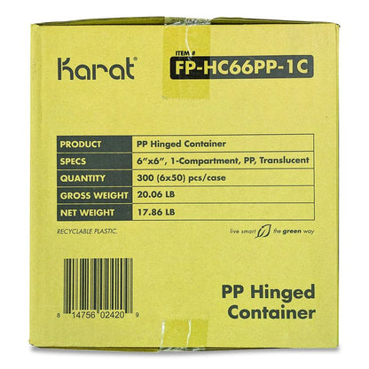 Polypropylene Plastic Hinged Container, 6 x 6 x 3.3, Clear, Plastic, 50/Pack, 6 Packs/Carton