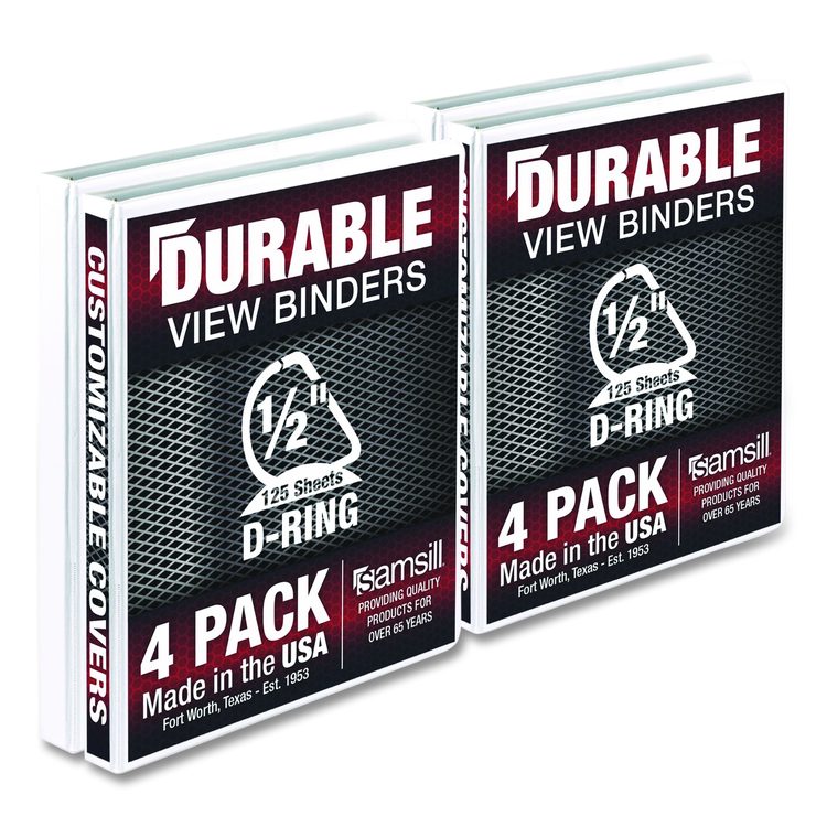 Durable D-Ring View Binders, 3 Rings, 0.5" Capacity, 11.5" x 8.5", White, 4/Pack