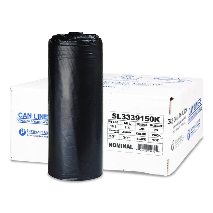 Low-Density Commercial Can Liners, 33 gal, 1.5 mil, 33" x 39", Black, Interleaved Roll, 20 Bags/Roll, 5 Rolls/Carton