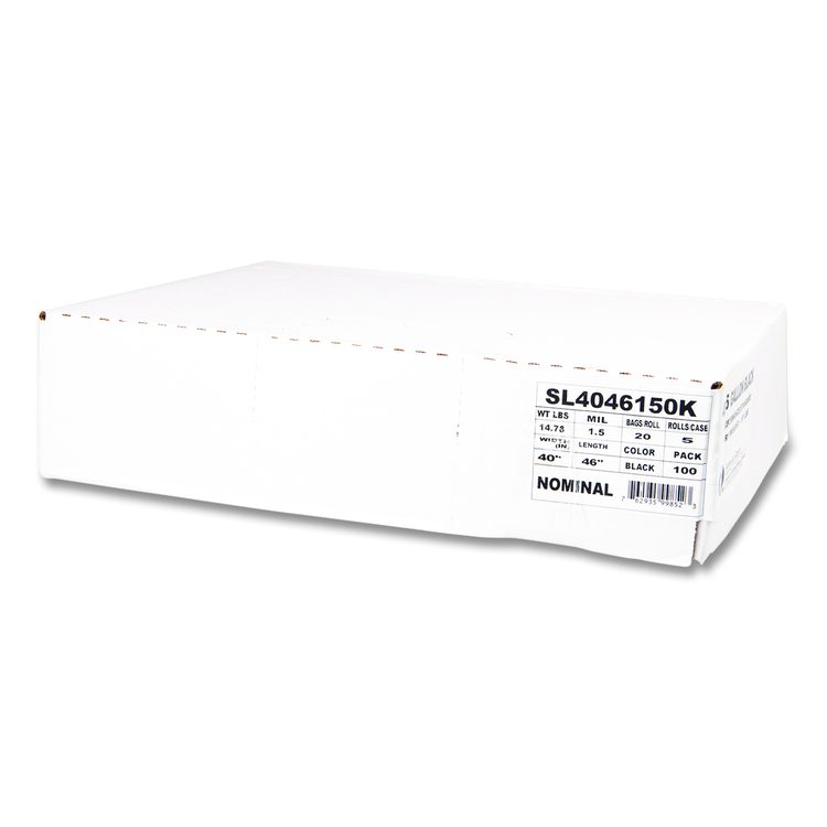 Institutional Low-Density Can Liners, 45 gal, 1.5 mil, 40" x 46", Black, Interleaved Roll, 20 Bags/Roll, 5 Rolls/Carton