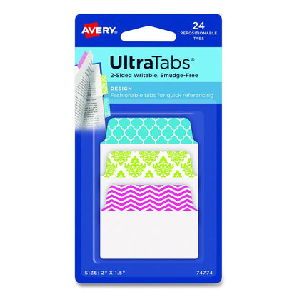 Ultra Tabs Repositionable Tabs, Fashion Patterns: 2" x 1.5", 1/5-Cut, Assorted Colors, 24/Pack