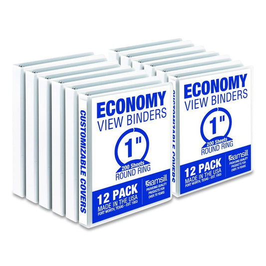 Economy Round Ring View Binders, 3 Rings, 1" Capacity, 11.5 x 8.5, White, 12/Carton