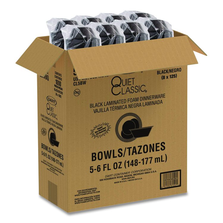 Quiet Classic Laminated Foam Dinnerware, Bowl, 5 oz, Black, 125/Sleeve, 8 Sleeves/Carton