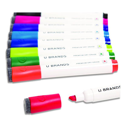 Chisel Tip Low-Odor Dry-Erase Markers with Erasers, Broad Chisel Tip, Assorted Colors, 24/Pack