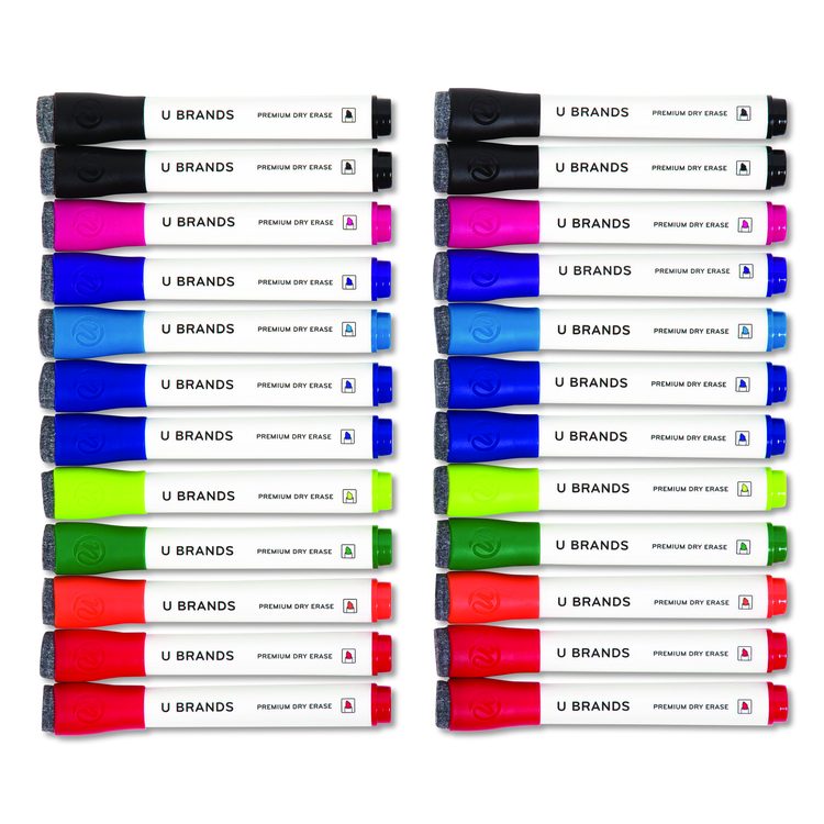 Chisel Tip Low-Odor Dry-Erase Markers with Erasers, Broad Chisel Tip, Assorted Colors, 24/Pack