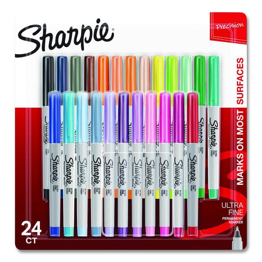 Ultra Fine Tip Permanent Marker, Ultra Fine Needle Tip, Assorted Colors, 24/Pack