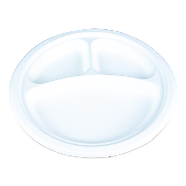 ChampWare Molded Fiber Tableware, 3-Compartment Plate, 10" dia, White, 125/Sleeve, 4 Sleeves/Carton