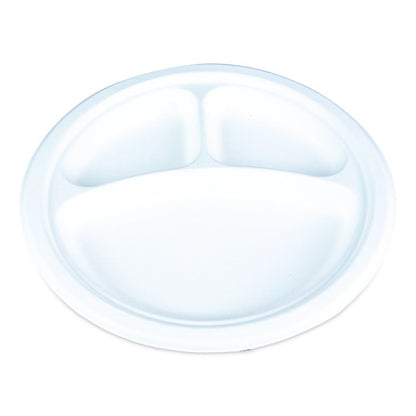 ChampWare Molded Fiber Tableware, 3-Compartment Plate, 10" dia, White, 125/Sleeve, 4 Sleeves/Carton