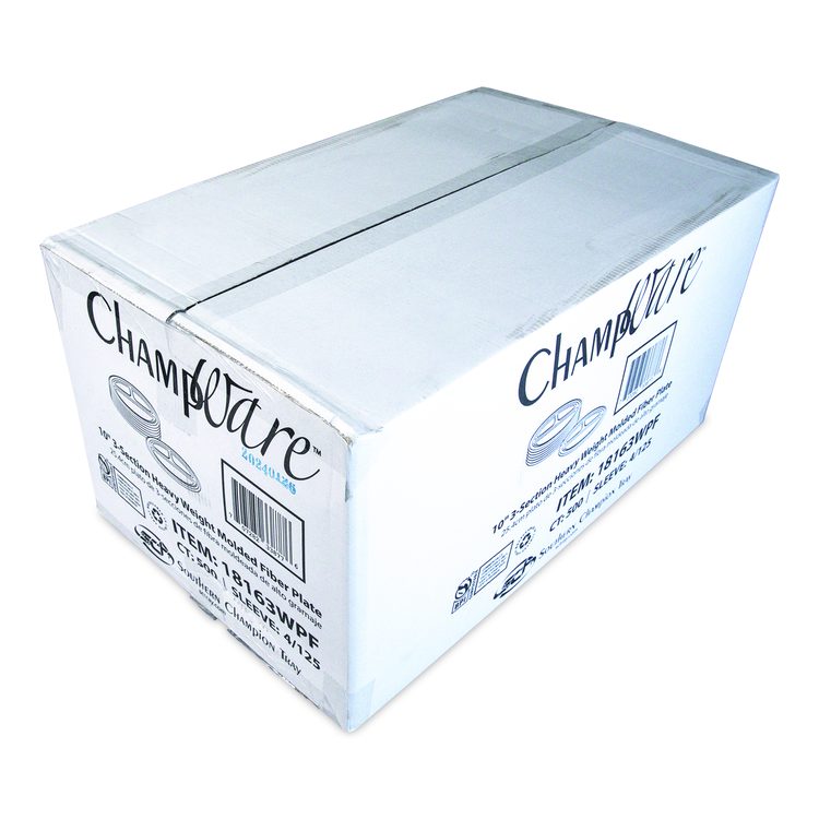 ChampWare Molded Fiber Tableware, 3-Compartment Plate, 10" dia, White, 125/Sleeve, 4 Sleeves/Carton