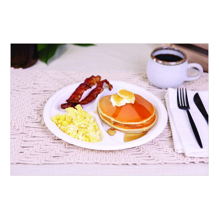 ChampWare Molded Fiber Tableware, 3-Compartment Plate, 10" dia, White, 125/Sleeve, 4 Sleeves/Carton