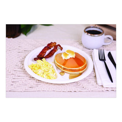 ChampWare Molded Fiber Tableware, 3-Compartment Plate, 10" dia, White, 125/Sleeve, 4 Sleeves/Carton