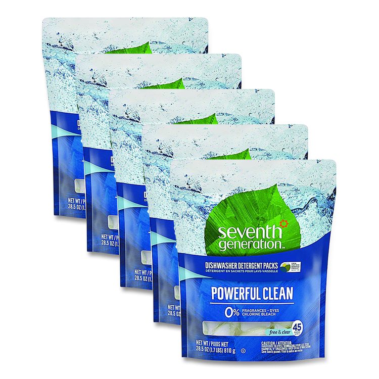 Natural Automatic Dishwasher Detergent Packs, Free and Clear, 45 Powder Packets/Box, 5 Boxes/Carton