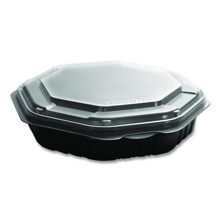 Creative Carryouts OctaView Hinged Lid Containers, 9.13 x 9.55 x 2.38, Black/Clear, Plastic, 100/Carton