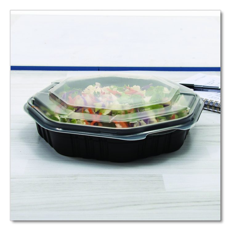Creative Carryouts OctaView Hinged Lid Containers, 9.13 x 9.55 x 2.38, Black/Clear, Plastic, 100/Carton