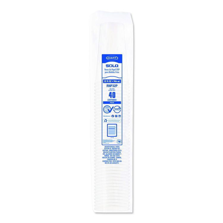 Double Sided Poly (DSP) Paper Cold Cups, 28 oz to 32 oz, White, 40 Cups/Sleeve, 12 Sleeves/Carton