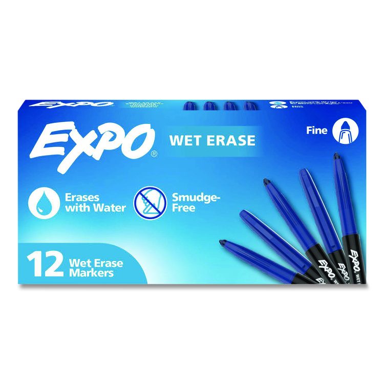 Wet Erase Markers, Fine Needle Tip, Blue, 12/Pack