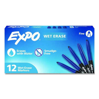 Wet Erase Markers, Fine Needle Tip, Blue, 12/Pack
