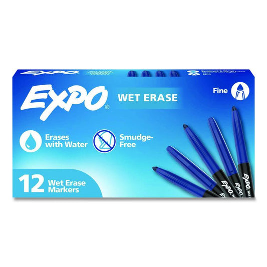Wet Erase Markers, Fine Needle Tip, Blue, 12/Pack
