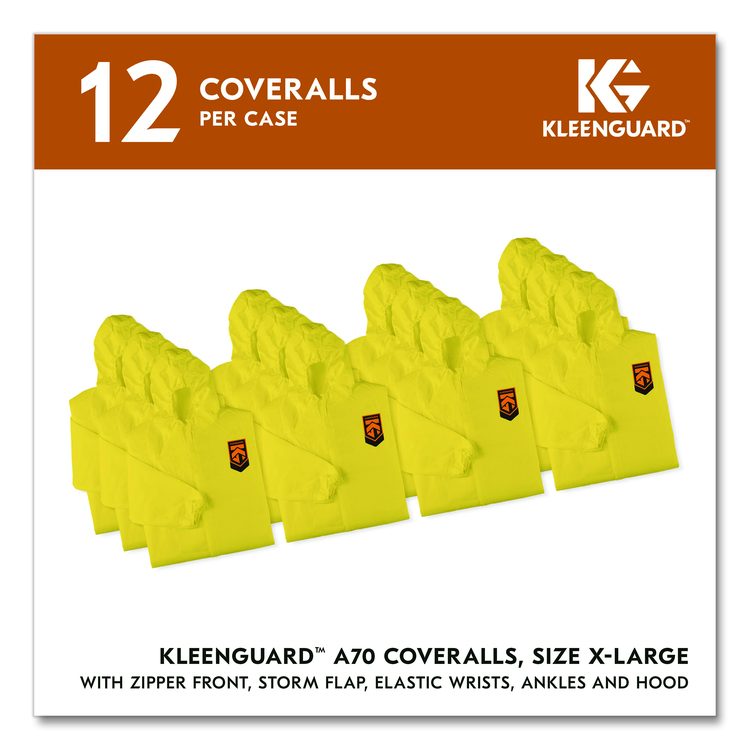A70 Chemical Spray Protection Coveralls, Elastic Wrists, Ankles, Hood, XL, Yellow, 12/Carton